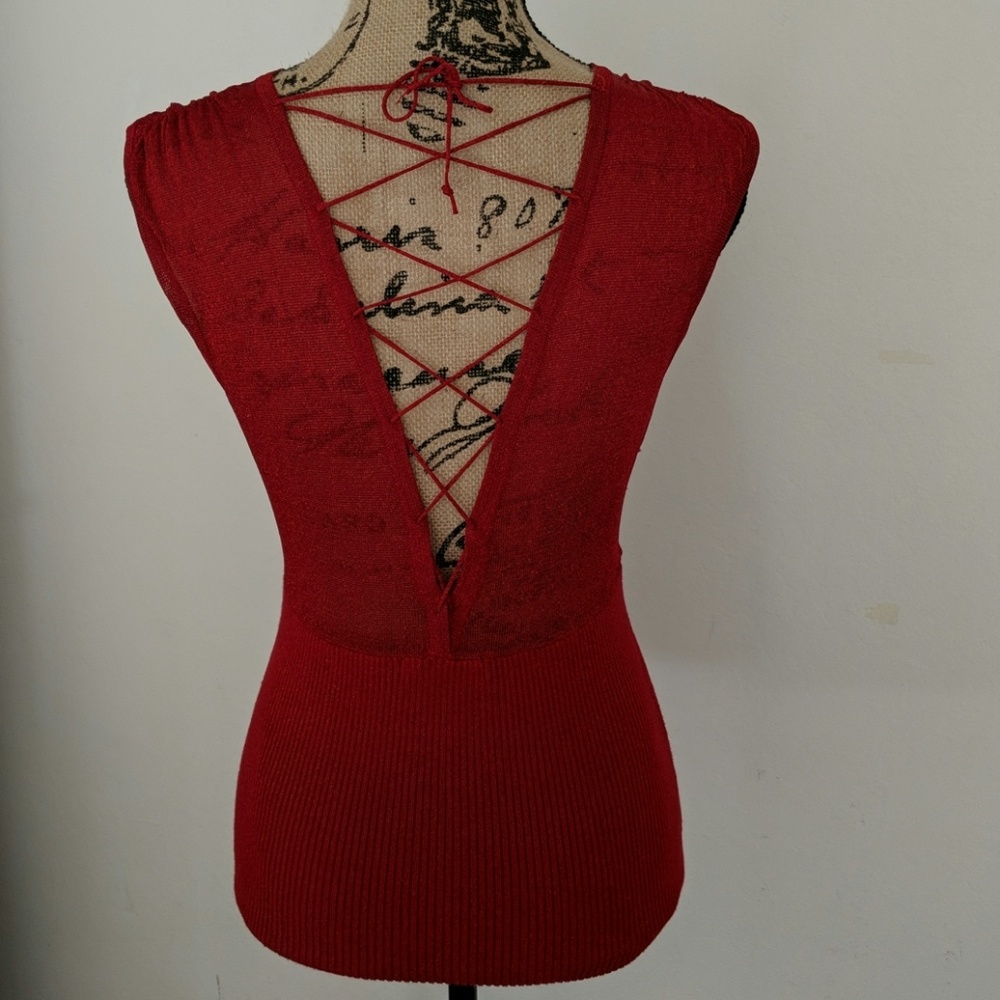 Arden B Red Deep V neck witr Criss Cross Back Top